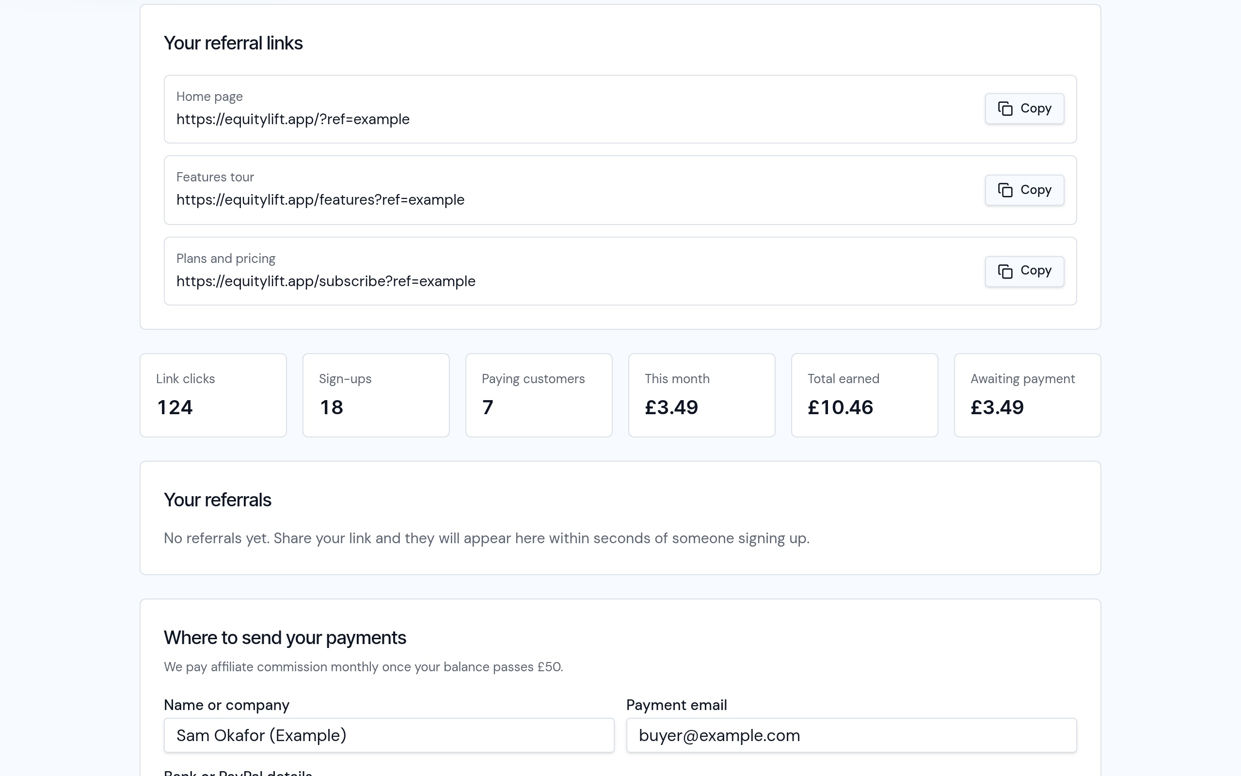 Affiliate dashboard in EquityLift OS showing referral links, clicks, sign-ups and earnings