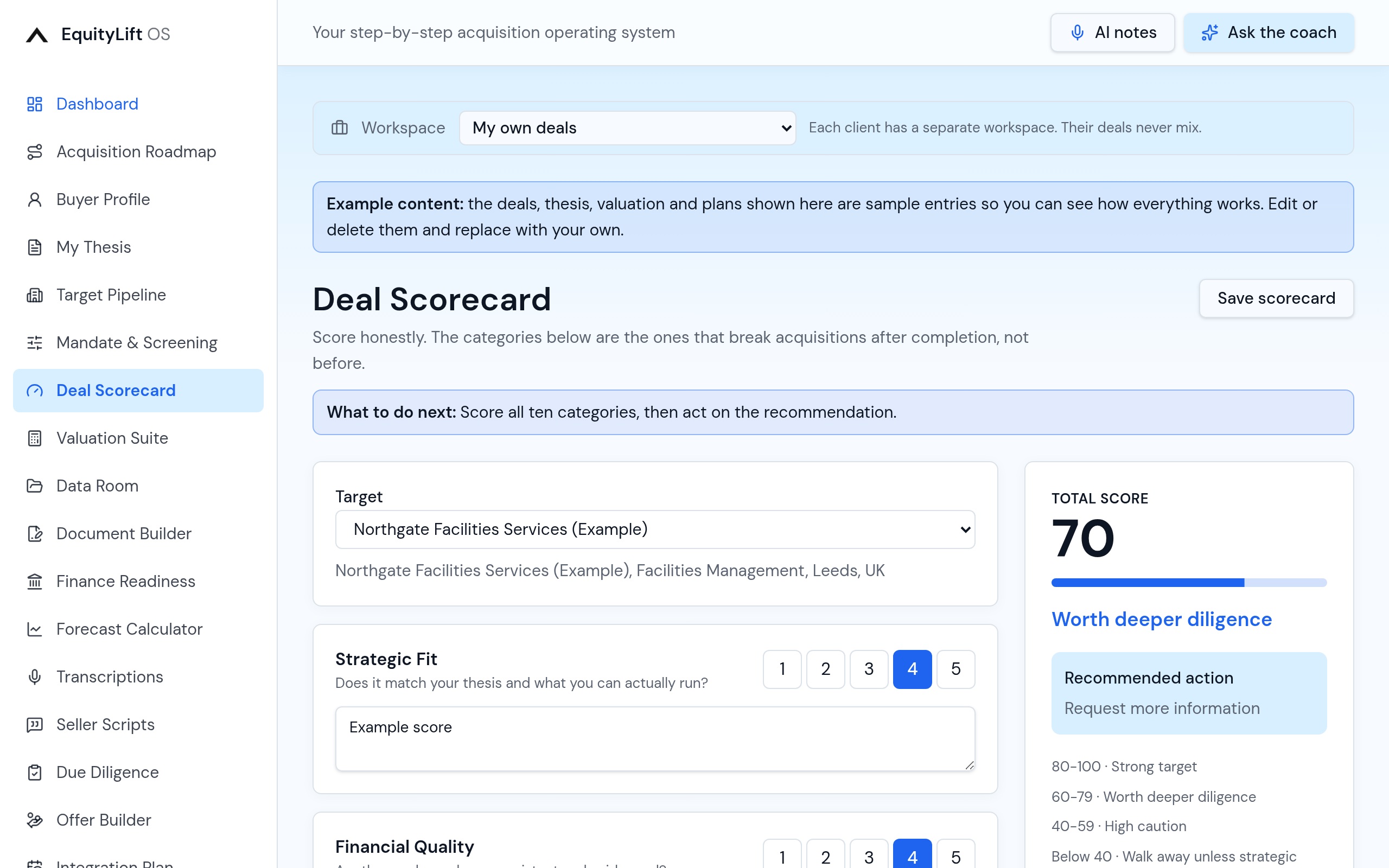 EquityLift OS Deal Scorecard: Ten weighted categories, one total out of 100