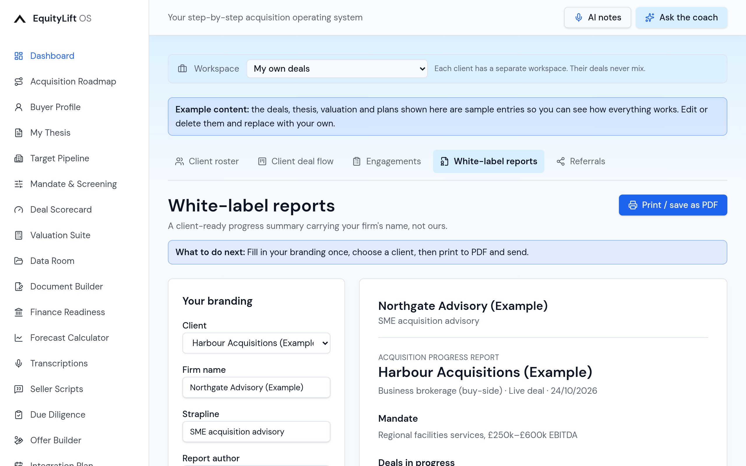 White-label client reports screen in the EquityLift OS Partnership Hub