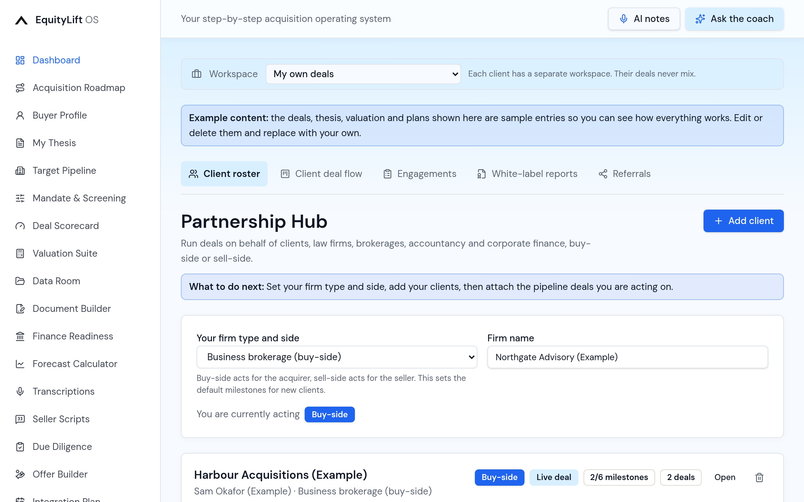 EquityLift OS Partnership Hub: Client roster with per-client deals