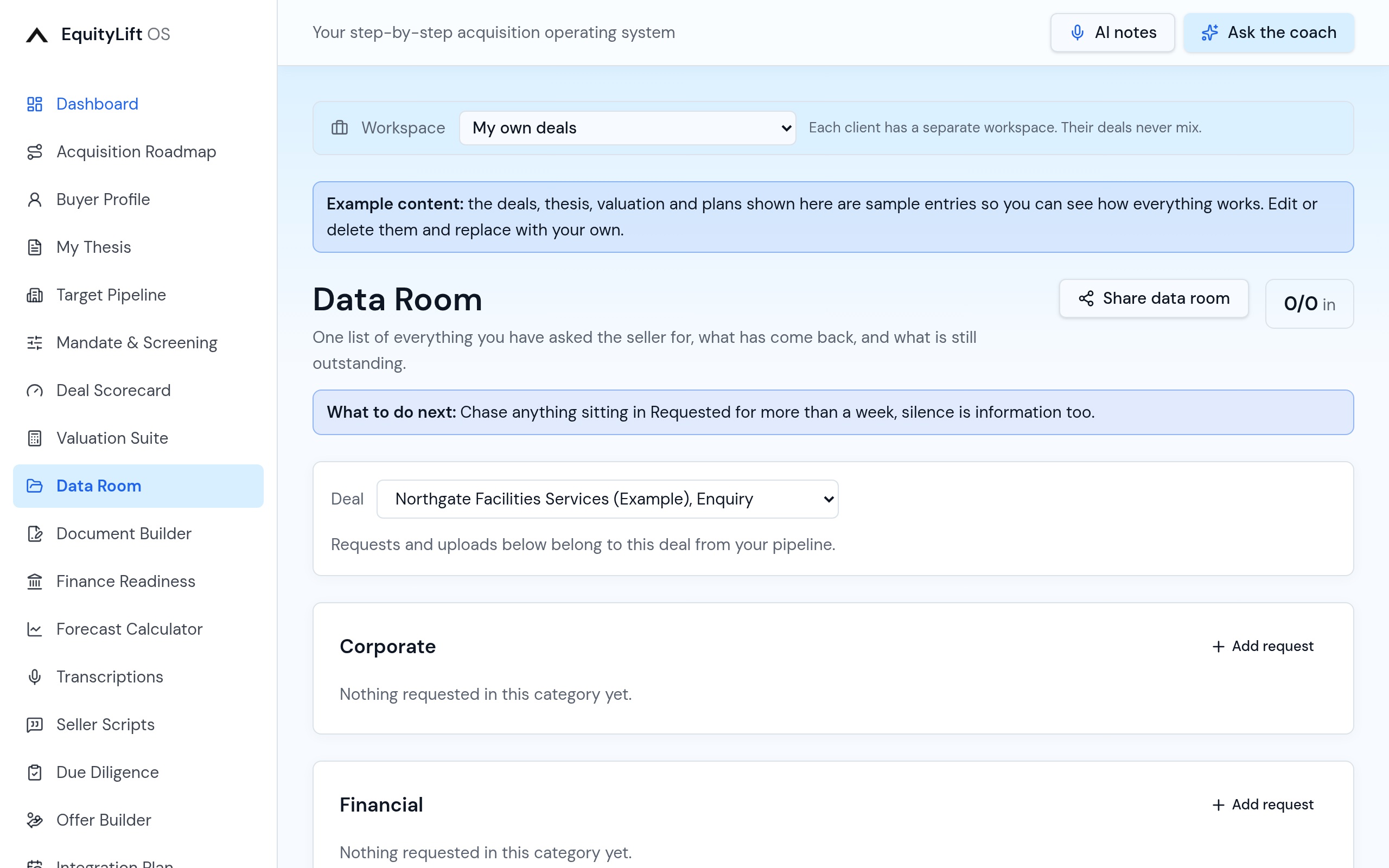 Data room in EquityLift OS