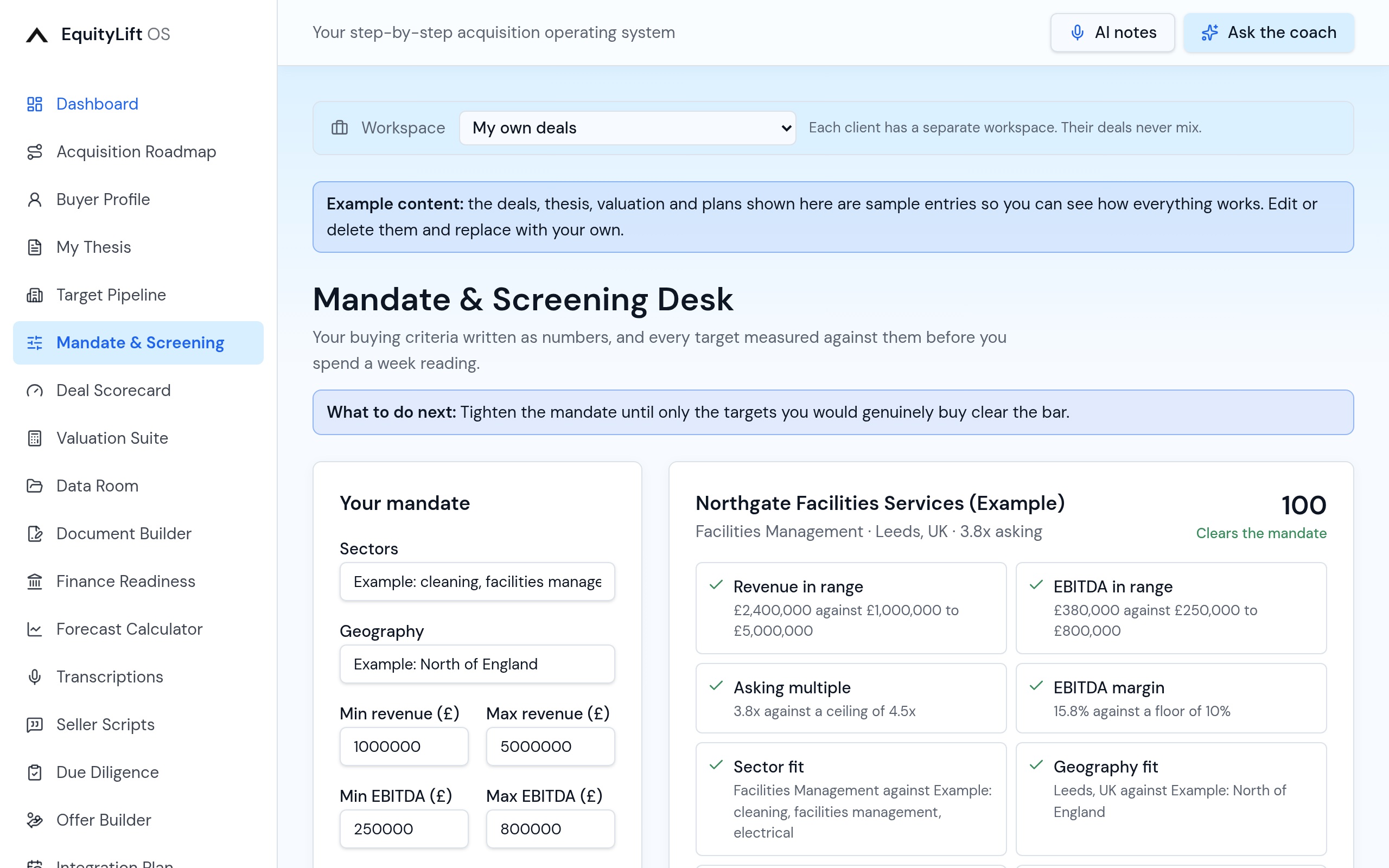 EquityLift OS Mandate & Screening: Your mandate as hard numbers, not a paragraph