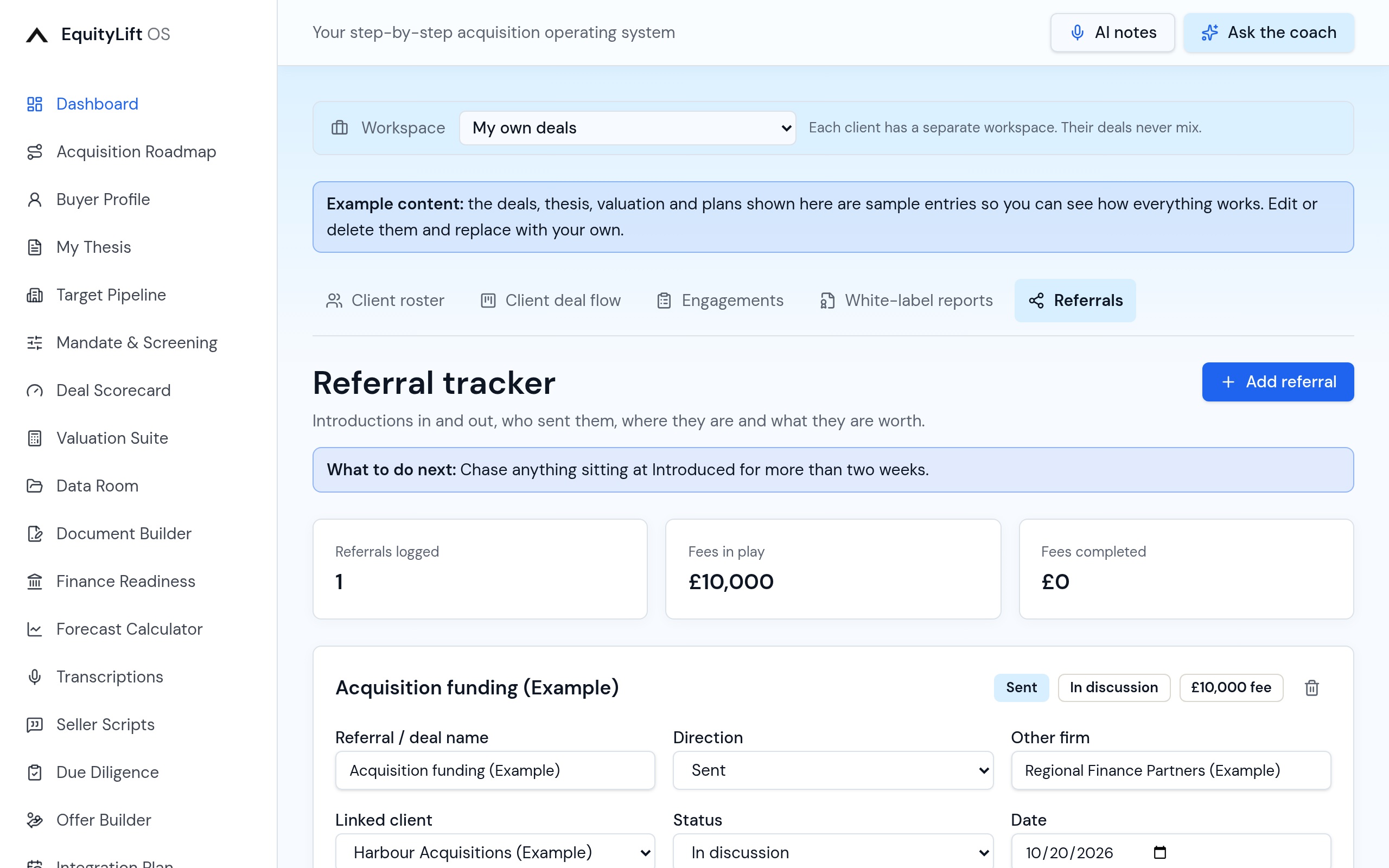 Referral tracker screen in the EquityLift OS Partnership Hub