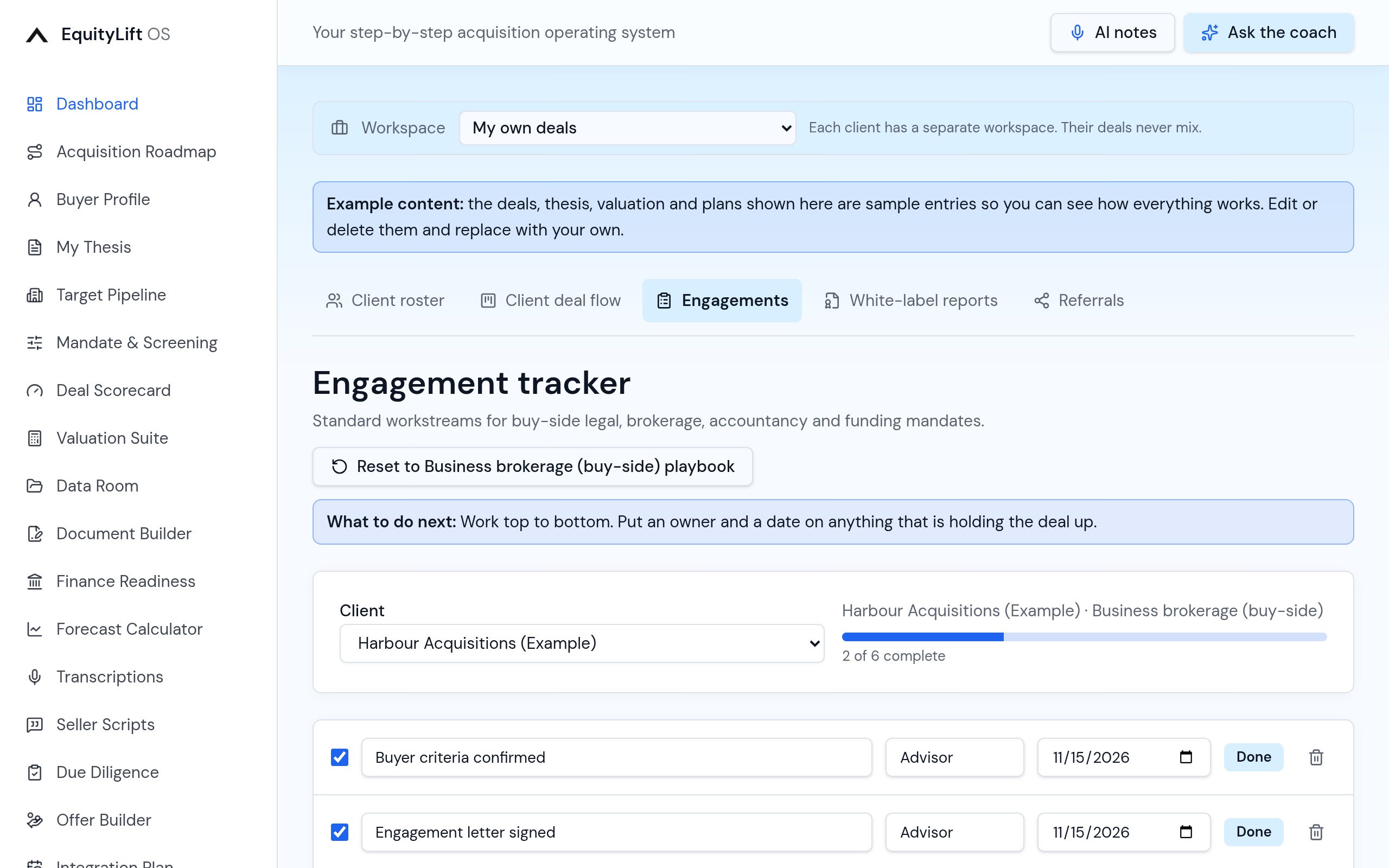 Engagement tracker screen in the EquityLift OS Partnership Hub
