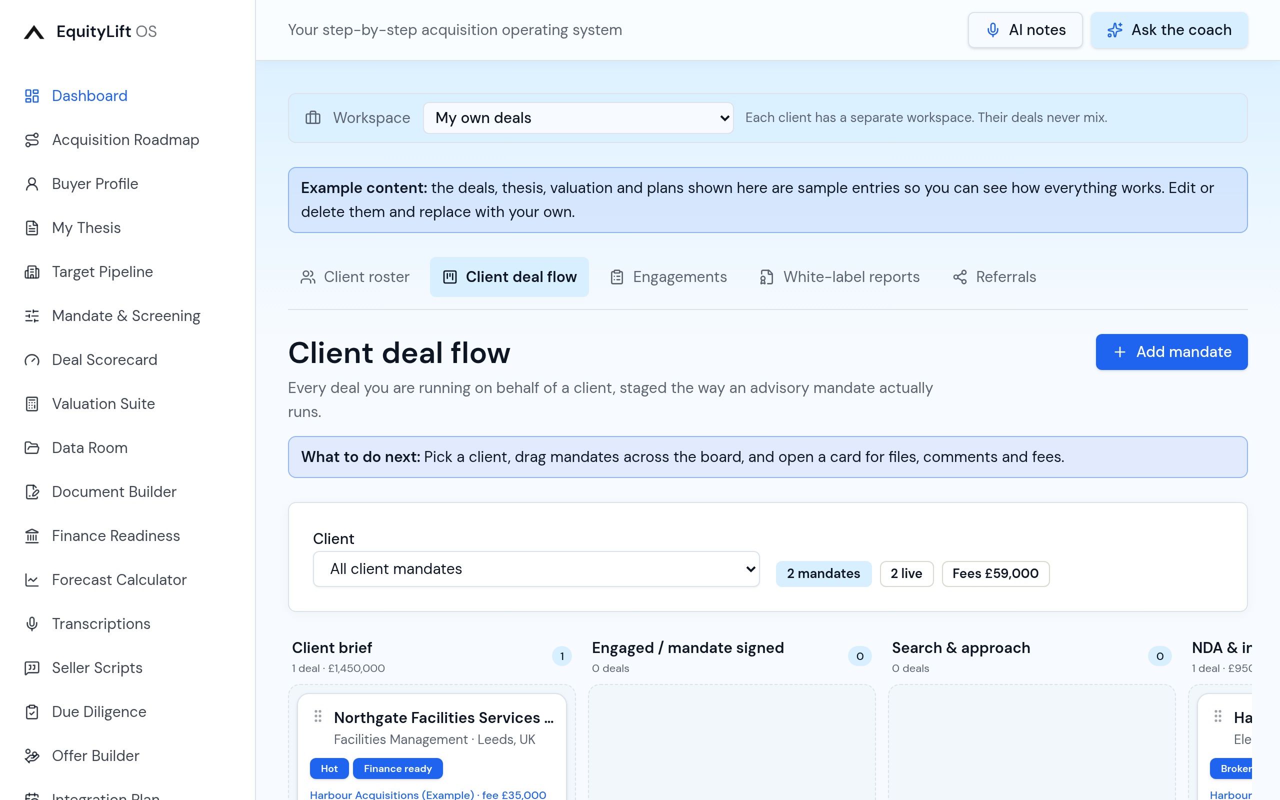 Client deal flow screen in the EquityLift OS Partnership Hub
