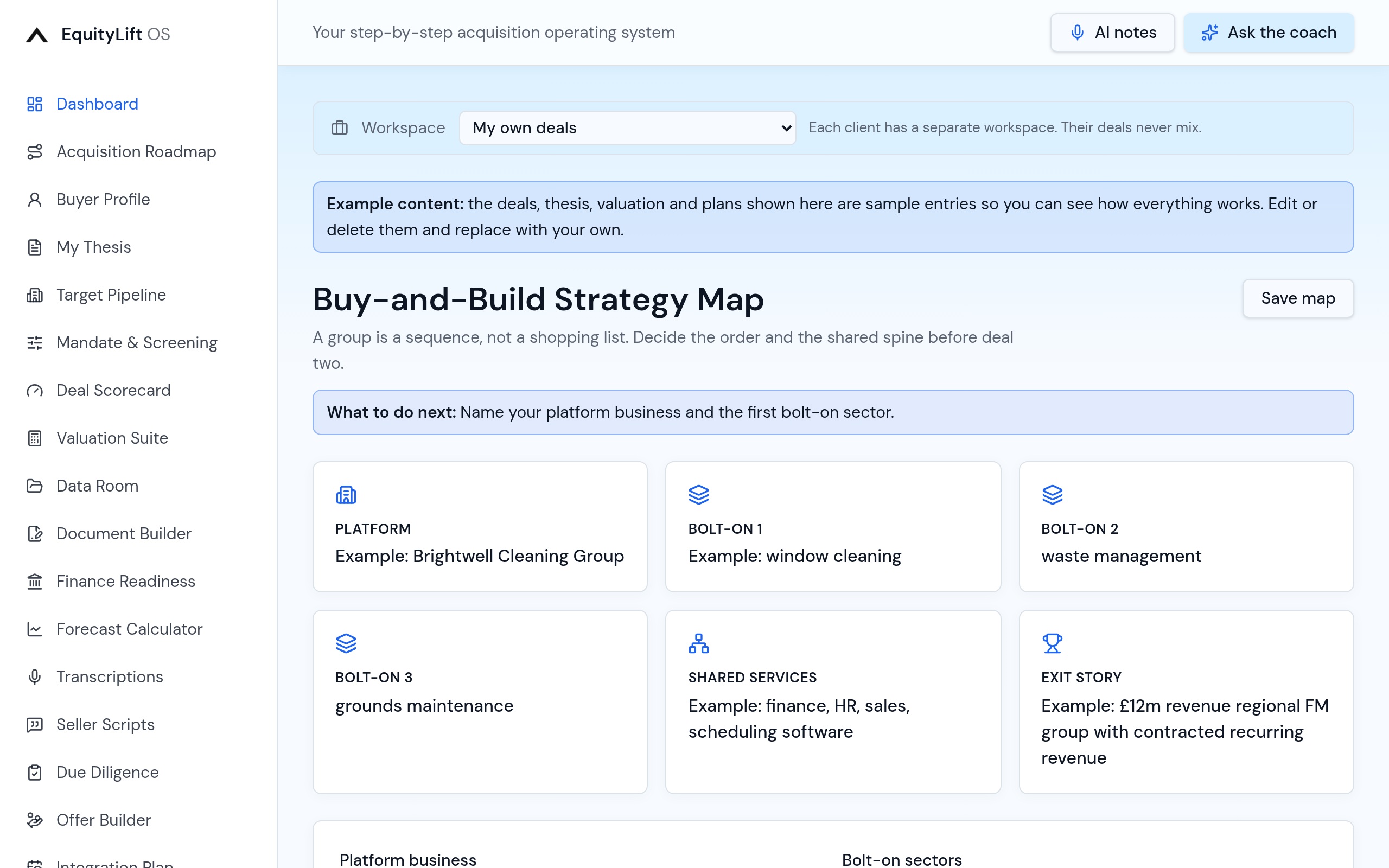 EquityLift OS Buy-and-Build Map: Platform and bolt-on strategy in one canvas