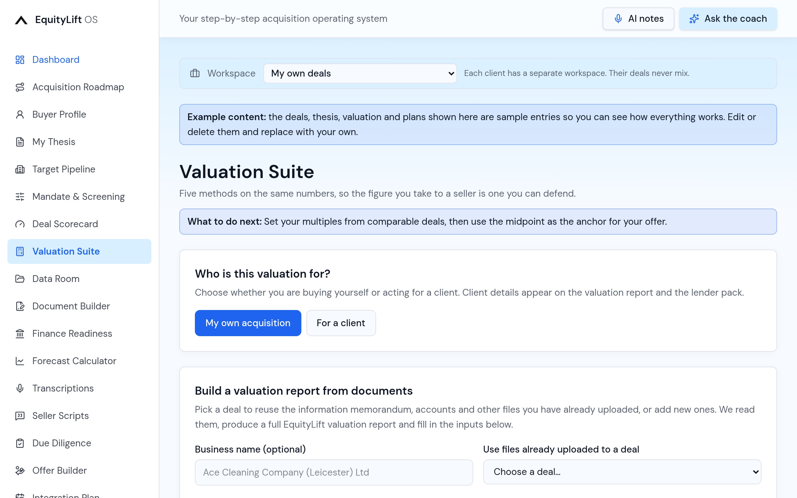 EquityLift OS Valuation Suite: Five methods, one range, an implied multiple and equity value