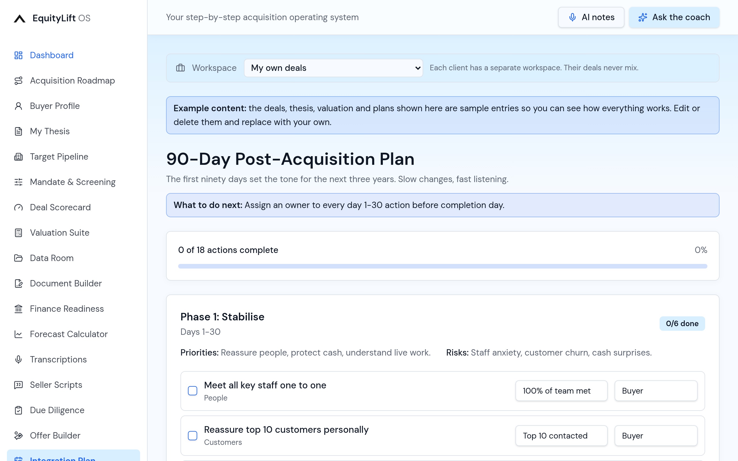 EquityLift OS 90-Day Integration Plan: Three phases of 30 days with pre-loaded actions