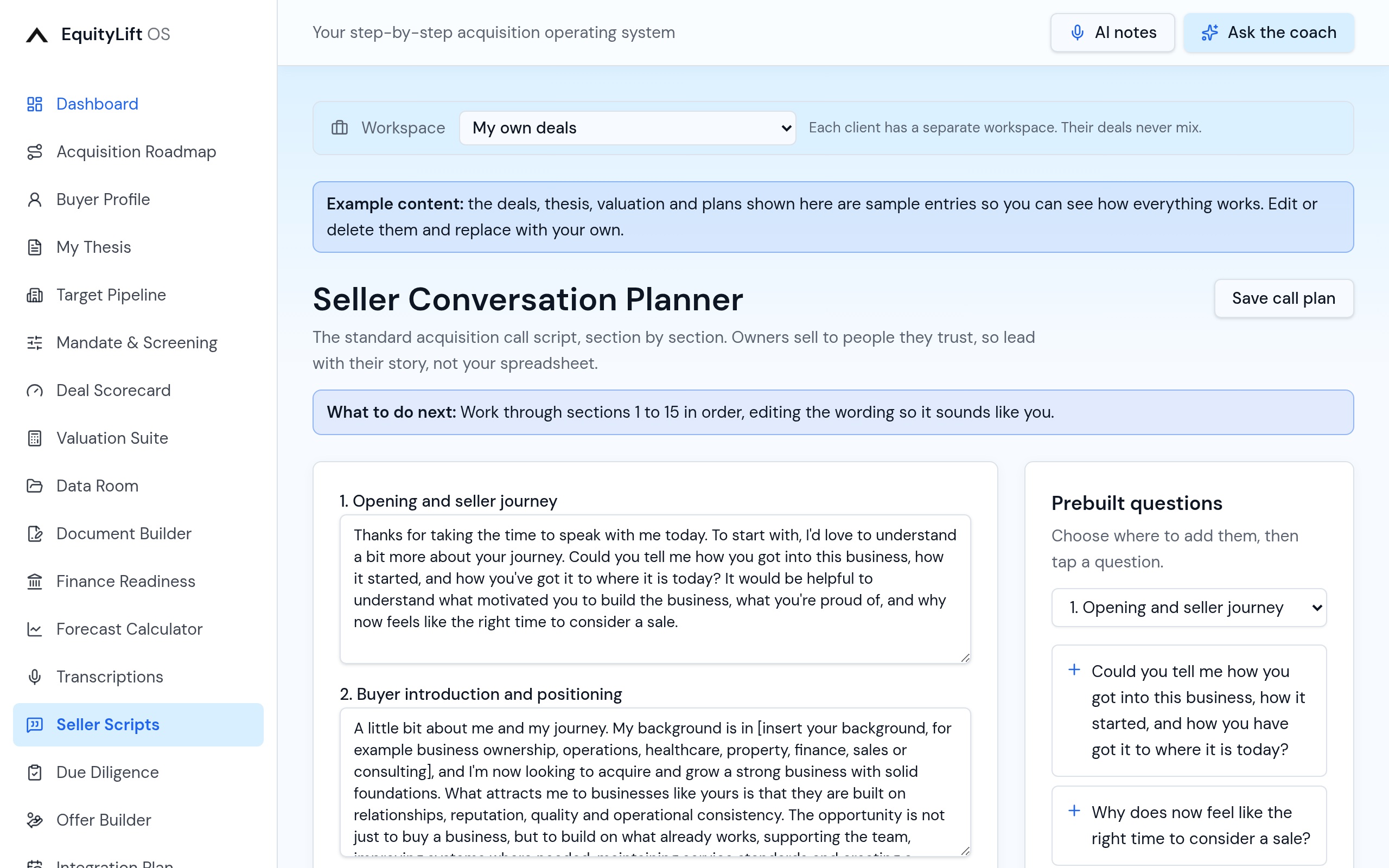 EquityLift OS Seller Conversation Planner: Structured script for the first seller call