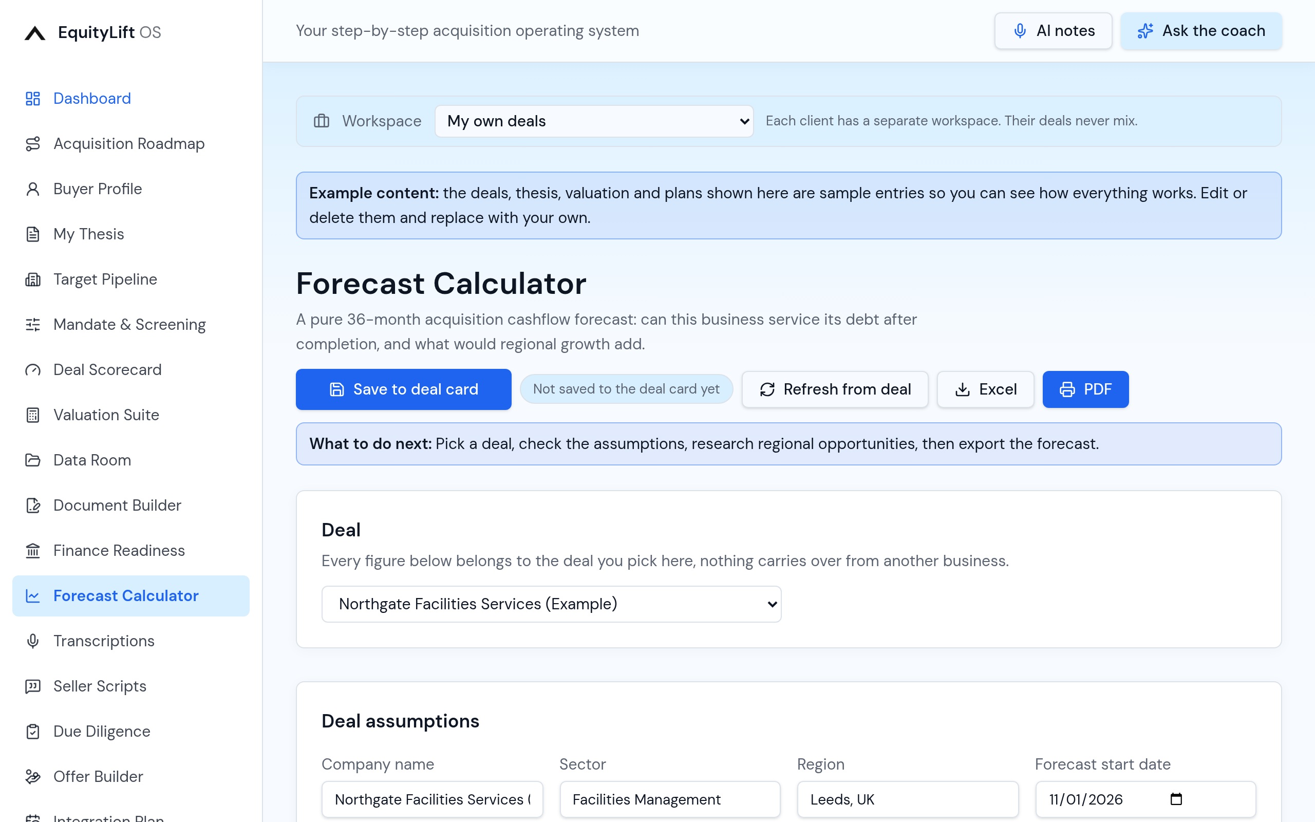 EquityLift OS Forecast Calculator: 36 months of cashflow, EBITDA and debt service cover