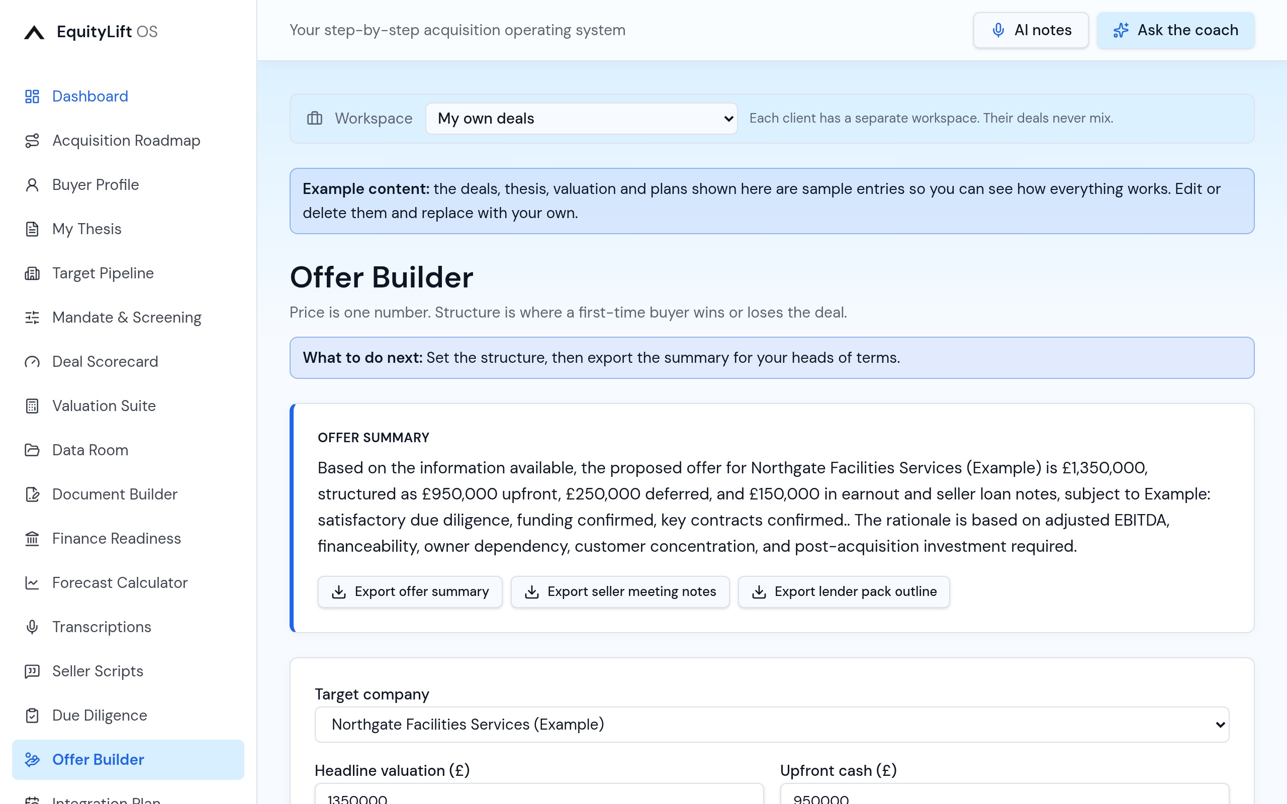 EquityLift OS Offer Builder: Upfront, deferred, earnout and vendor loan modelled together
