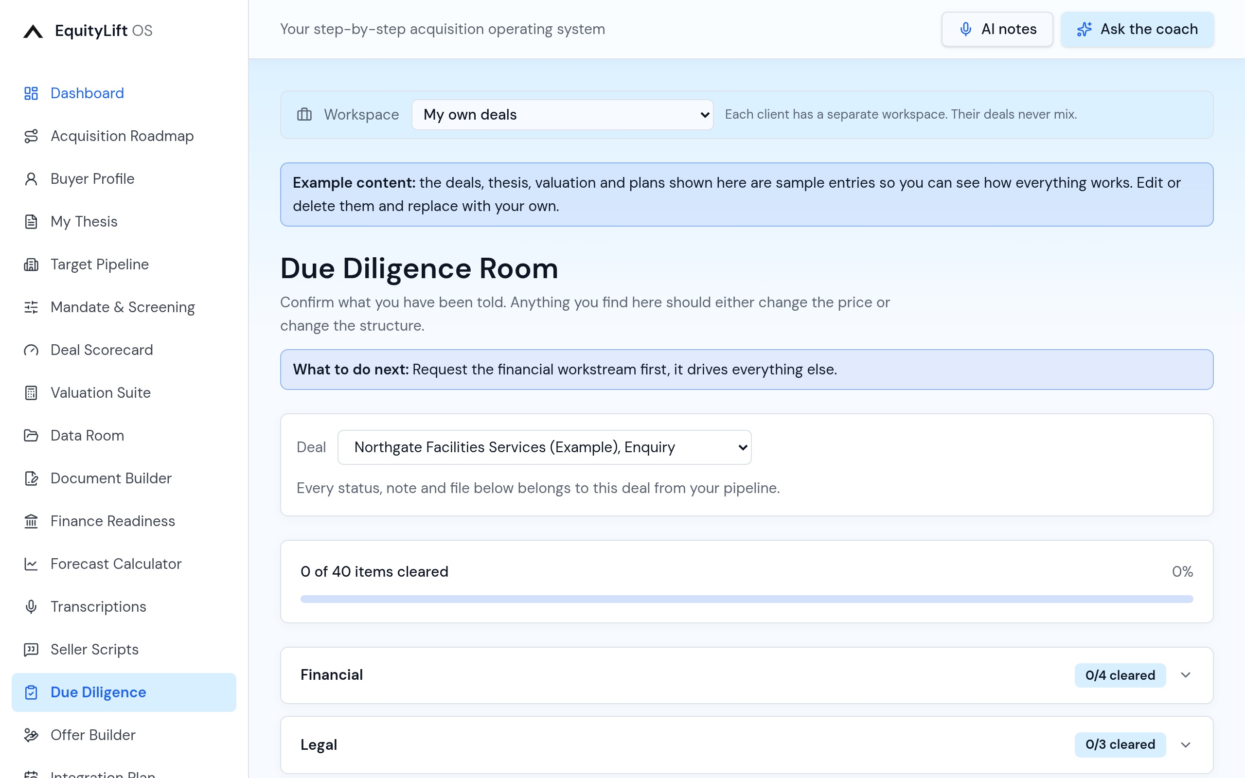 EquityLift OS Due Diligence: Thirteen workstreams with owners and risk ratings