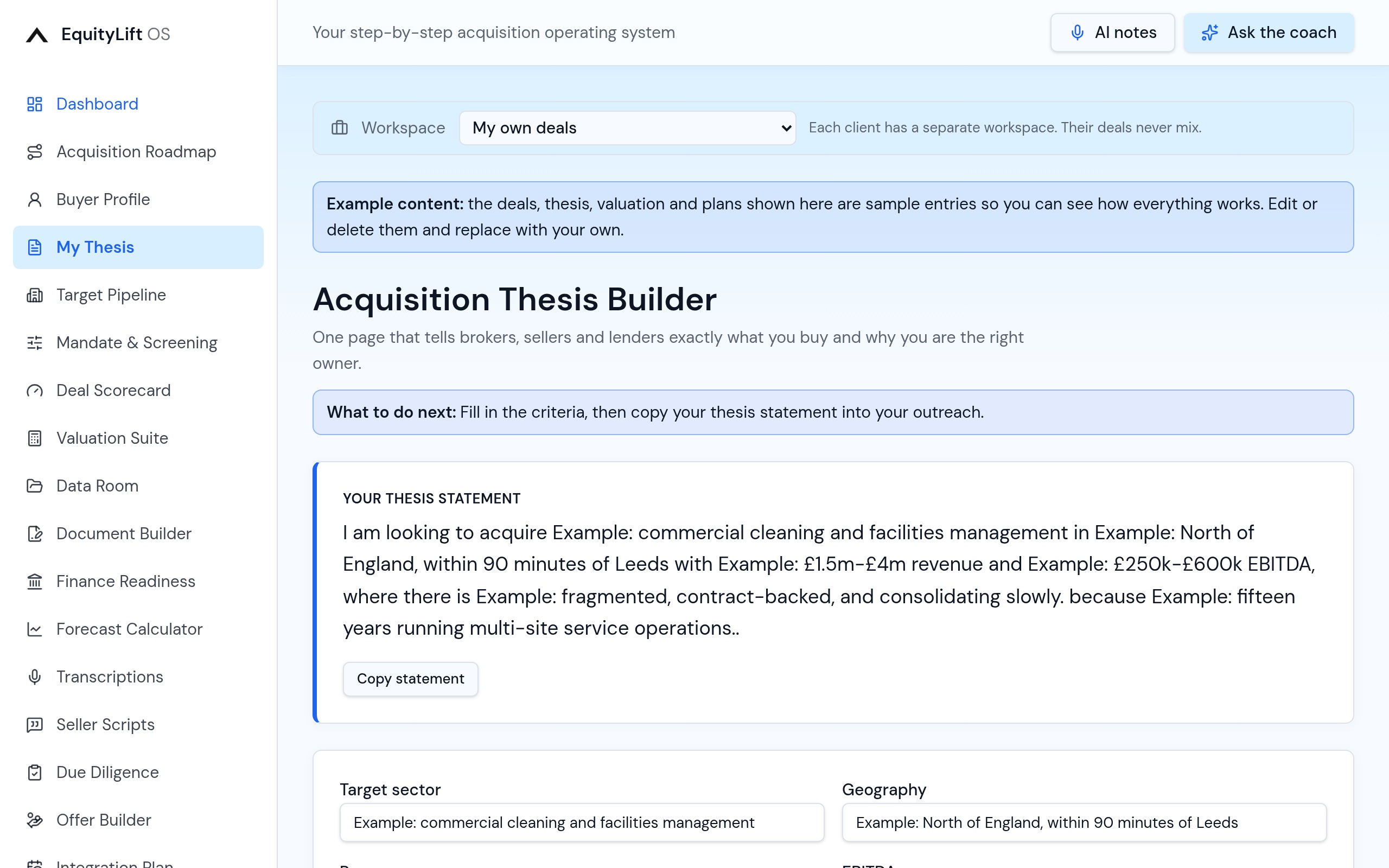 EquityLift OS My Thesis: Structured thesis you can actually act on