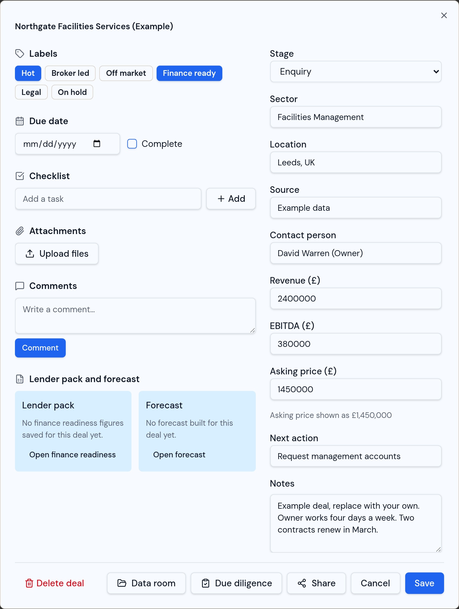 EquityLift OS Inside a deal card: Comments, checklists, due dates and labels