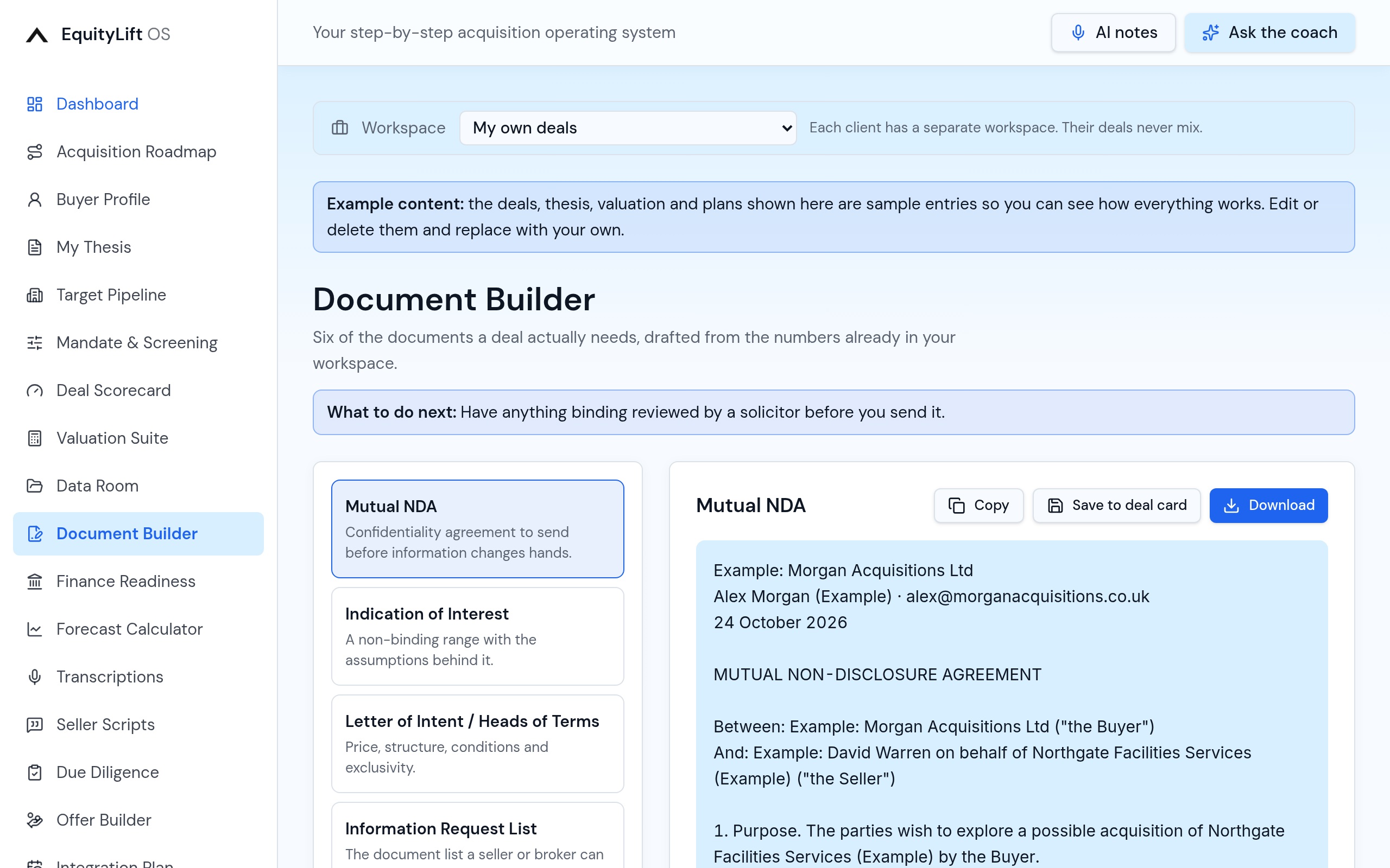 EquityLift OS Document Builder: Six core deal documents drafted from your own data