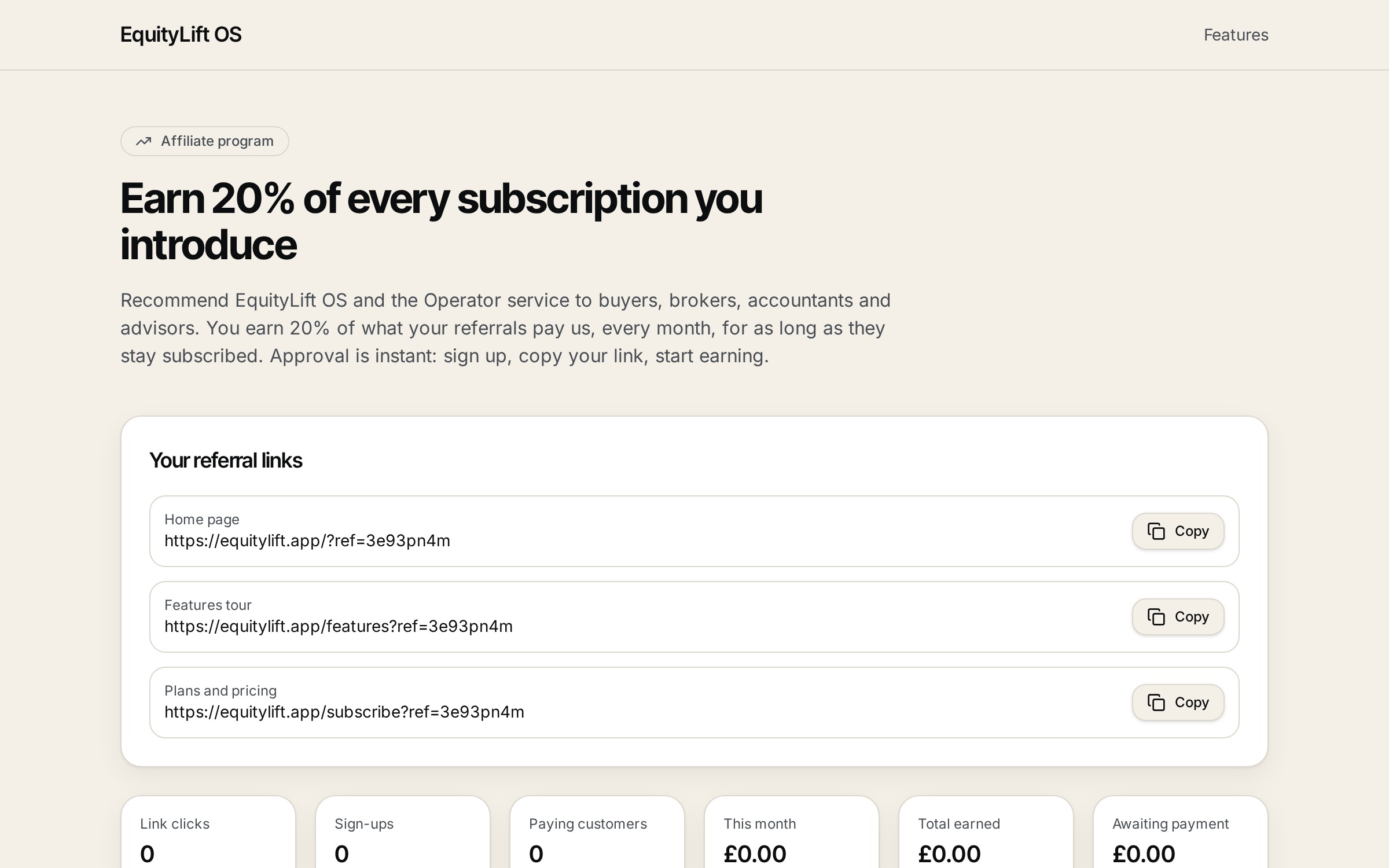 Affiliate dashboard in EquityLift OS showing referral links, clicks, sign-ups and earnings