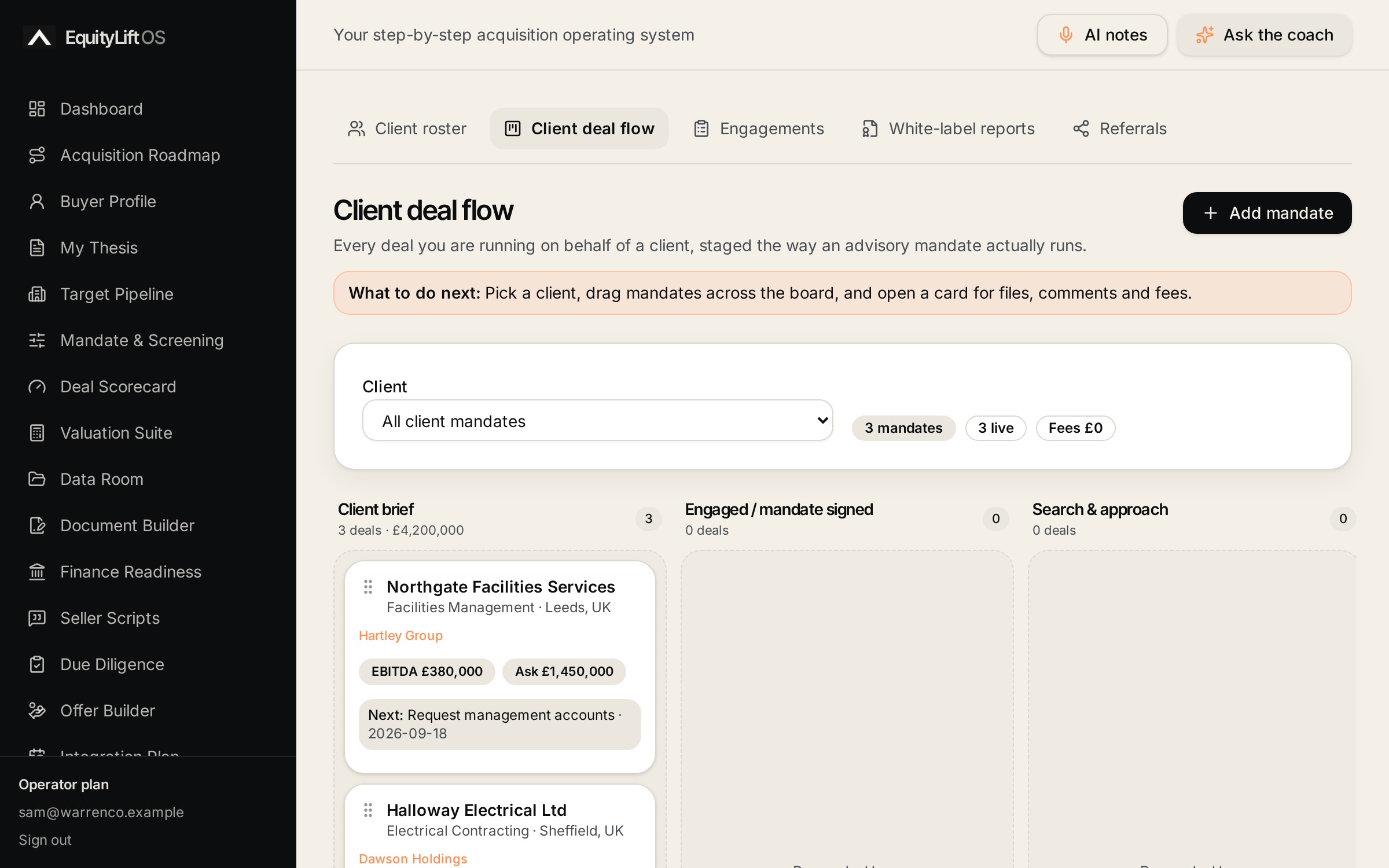 Client deal flow screen in the EquityLift OS Partnership Hub
