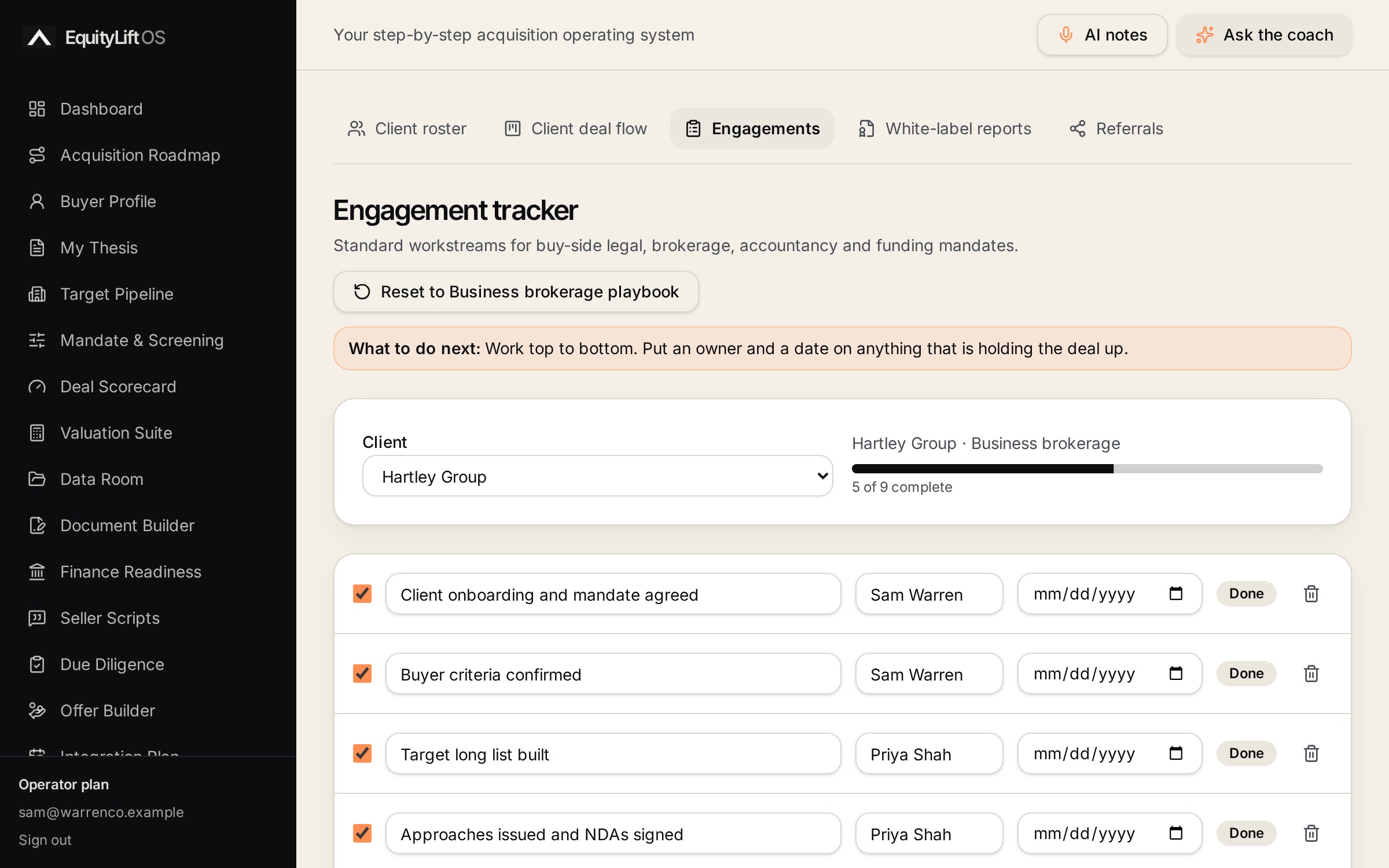 Engagement tracker screen in the EquityLift OS Partnership Hub