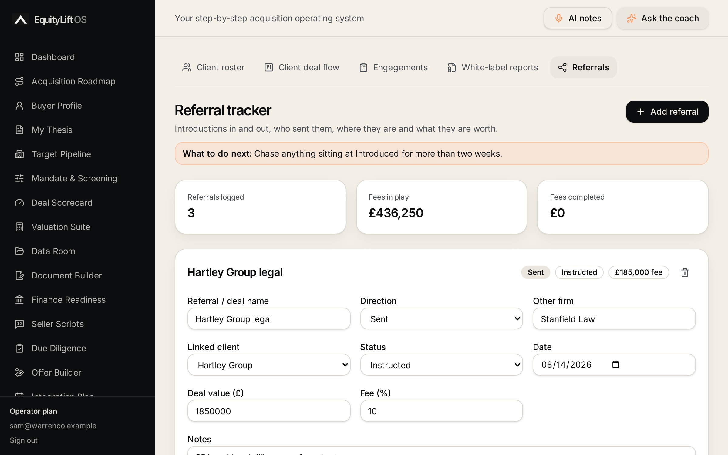 Referral tracker screen in the EquityLift OS Partnership Hub