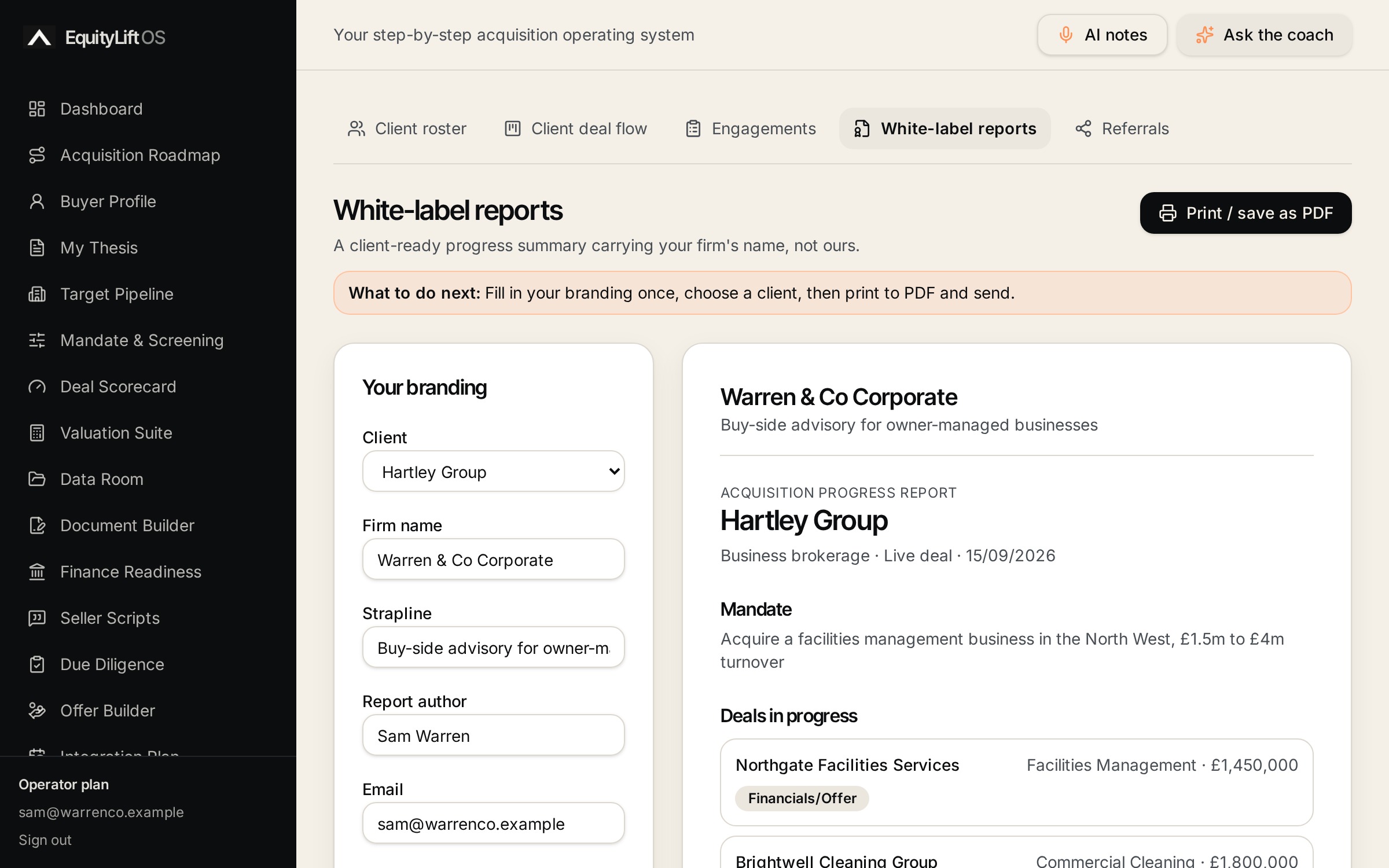 White-label client reports screen in the EquityLift OS Partnership Hub