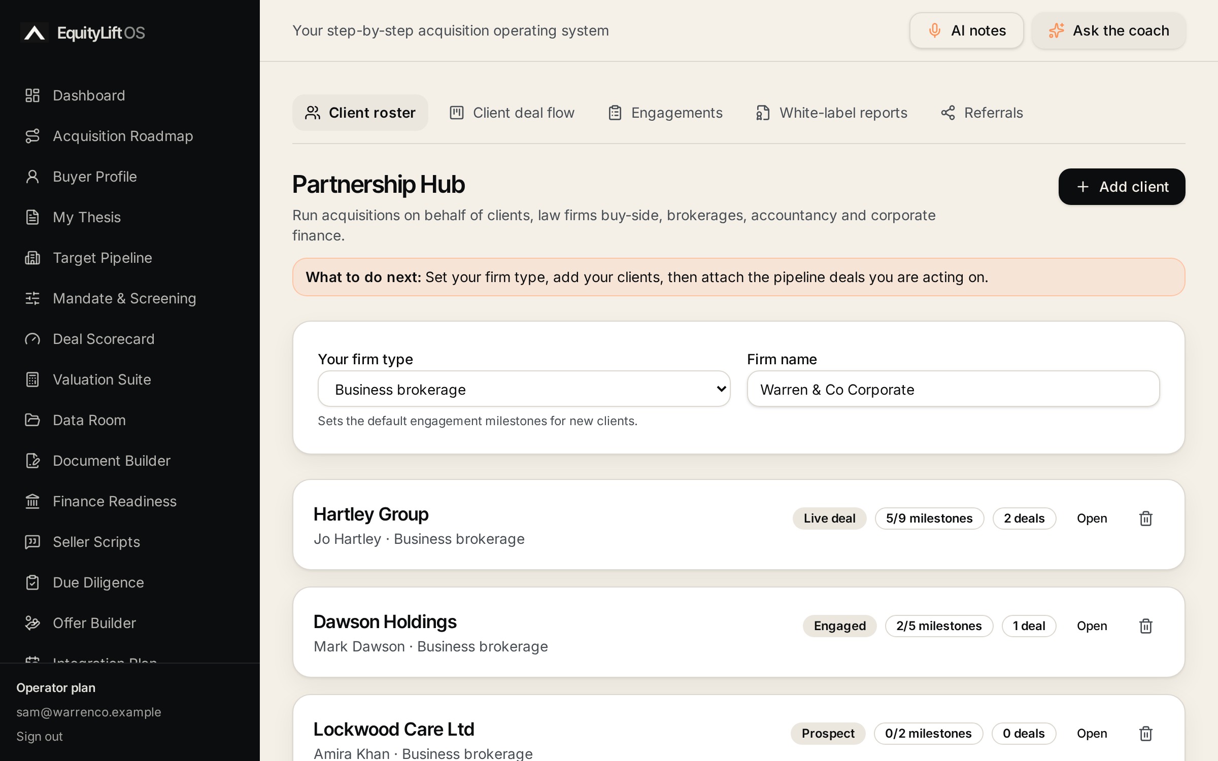 Client roster screen in the EquityLift OS Partnership Hub
